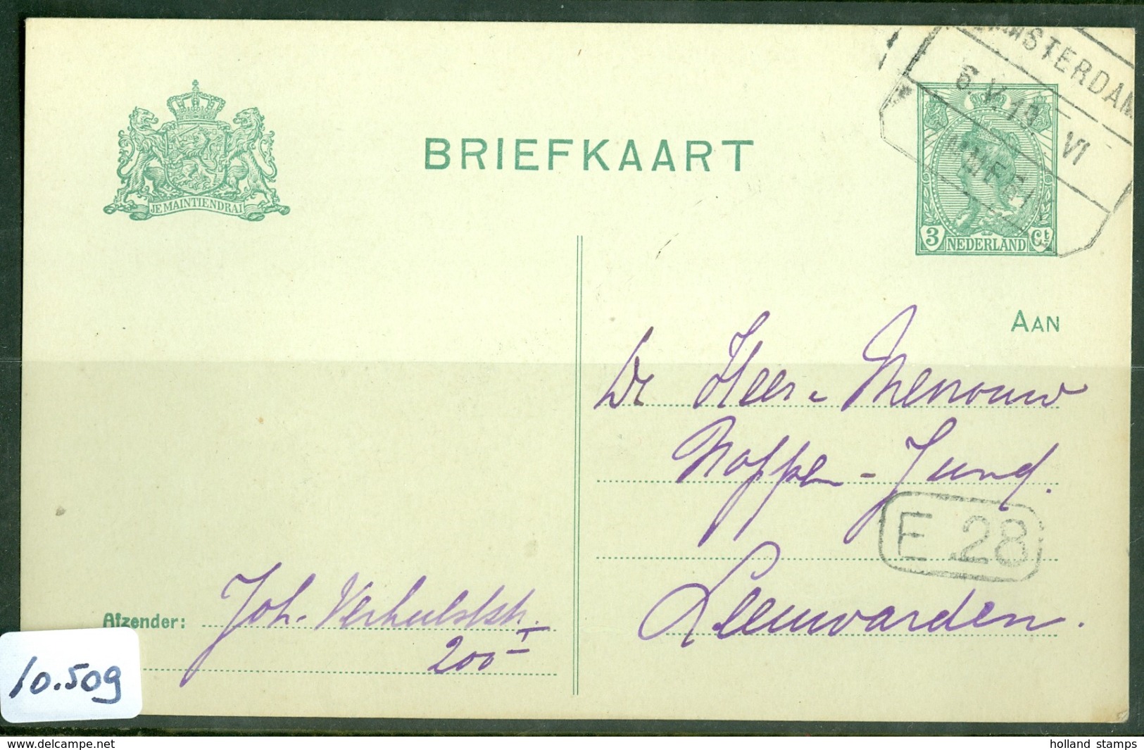 HANDGESCHREVEN BRIEFKAART Uit 1919 * GELOPEN Van TREINSTEMPEL AMSTERDAM - EMMERIK NAAR LEEUWARDEN   (10.509) - Storia Postale