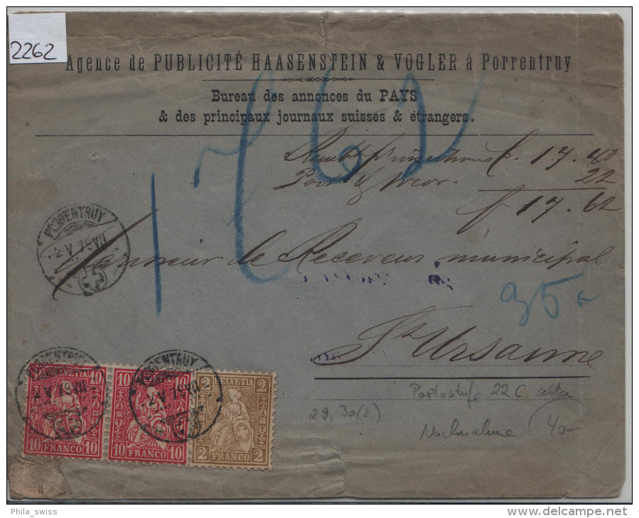 1879 Sitzende Helvetia/Helvétie Assise Nr. 37 2c + 38 10c N.N. Von Porrentruy Pour St. Ursanne (Haasenstein & Vogler) - Briefe U. Dokumente