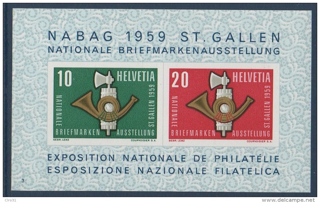 CH Bloc N° YT 16  ** MNH  Exposition Philatélique  De Saint-Gall  NABAG 1959 - Blocks & Kleinbögen