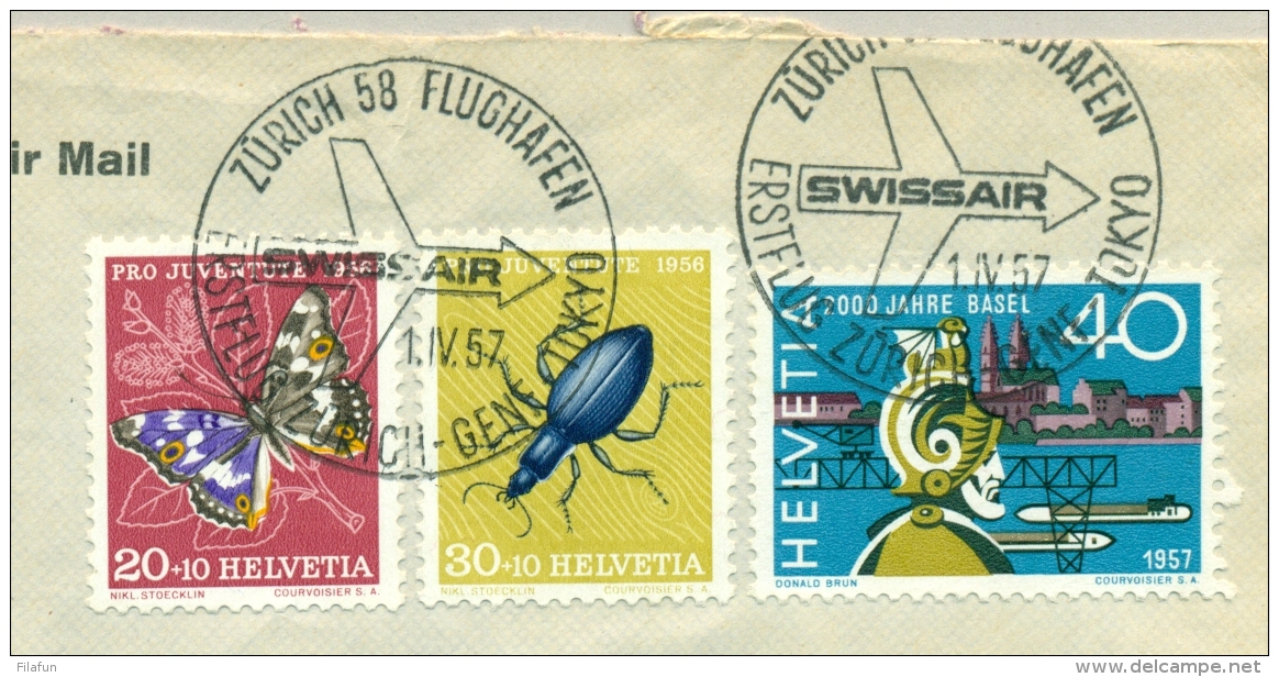 Helvetia - 1957 - Pro Patria Bug &amp; Butterfly On 1st Flight Zürich - Geneva - Tokyo And Then To Zandvoort / Nederland - Brieven En Documenten