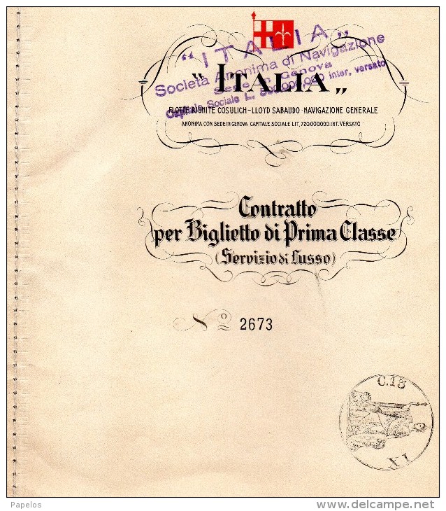 SOCIETÀ ITALIA BIGLIETTO DI PRIMA CLASSE SERVIZIO DI LUSSO - Europa