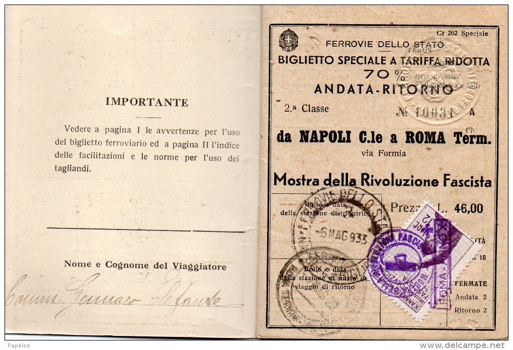 1933 MOSTRA DELLA RIVOLUZIONE FASCISTA BIGLIETTO FERROVIARIO DI SECONDA CLASSE - Otros & Sin Clasificación