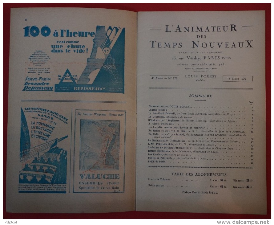 L'animateur Des Temps Nouveaux - 4ème Année N°175, 12 Juillet 1929; Illustré Par Boirau - 1900 - 1949