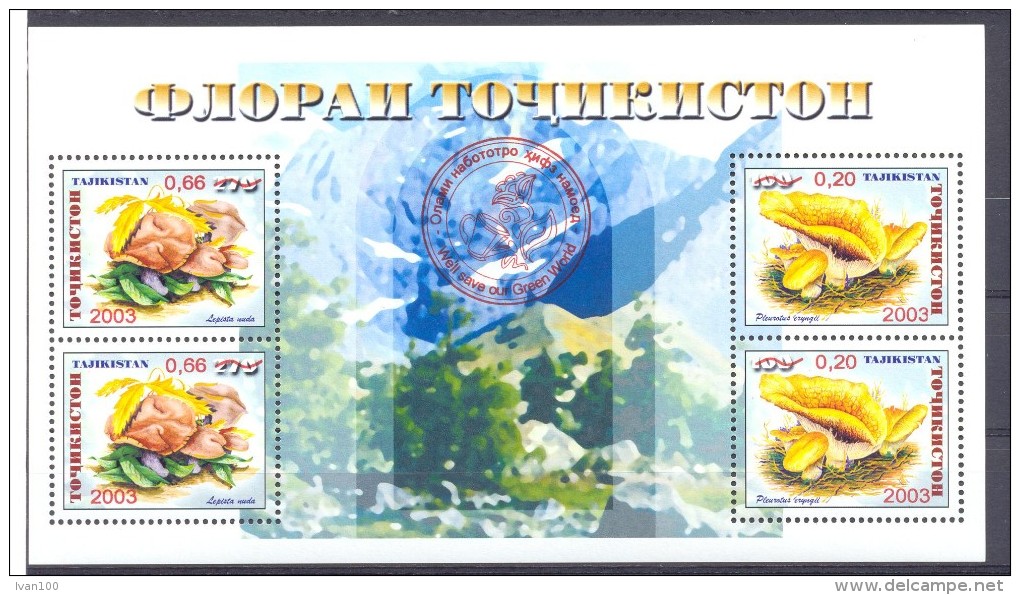 2004. Tajikistan, Mushrooms, S/s With Red OP "Green World", Mint/** - Tajikistan