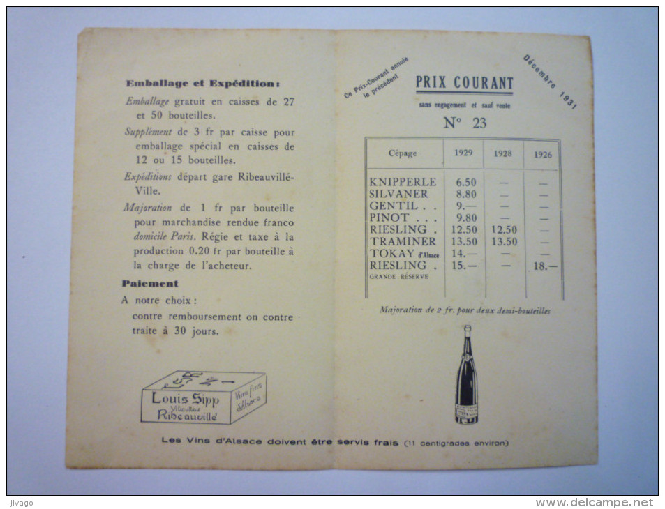 RIBEAUVILLE  (Alsace)  :  PUB  2  VOLETS Pour Les Grands Vins D'Alsace  (Louis  SIPP  Viticulteur)     1931 - Other & Unclassified