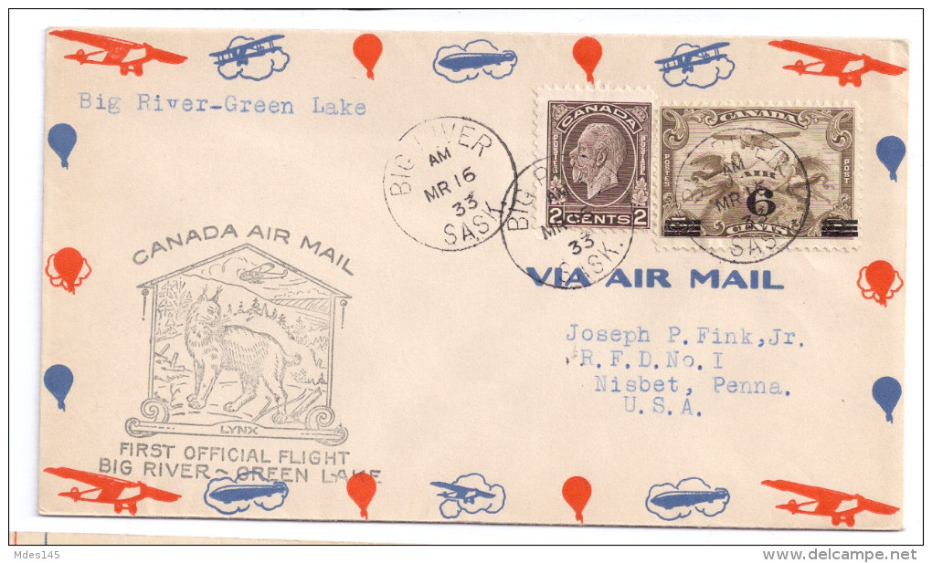 1933 Canada First Flight Cover Big River To Green Lake FFC Balloon Zeppelin Biplane Envelope - First Flight Covers