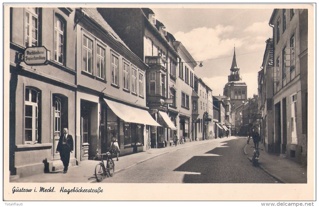 GÜSTROW Mecklenburg Hageböcker Straße Belebt Fahrrad Papierhandlung Buchbinderei Gelaufen? Feldpost Nr 31457c - Guestrow