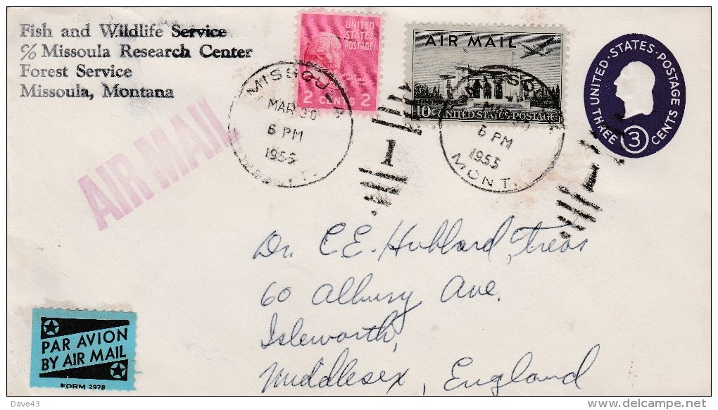 1955 Airmail Cover Missoula Montana To UK  10c Airmail + 2c Adams Stamps + 3c Impressed Missoula Duplex Cancel - 1c. 1918-1940 Covers