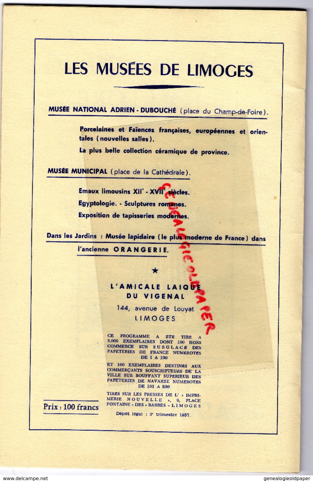 87 - LIMOGES - FOLKLORE 1957-LONGEQUEUE- AURILLAC-COLMAR-ST PE DE LEREN-NIMES-CHAROLLES-MALINES-QUIMPERLE-BAYONNE - Documents Historiques