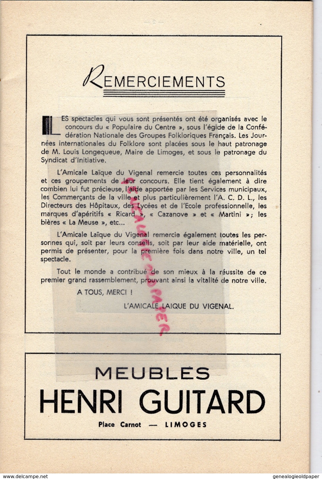 87 - LIMOGES - FOLKLORE 1957-LONGEQUEUE- AURILLAC-COLMAR-ST PE DE LEREN-NIMES-CHAROLLES-MALINES-QUIMPERLE-BAYONNE - Documents Historiques