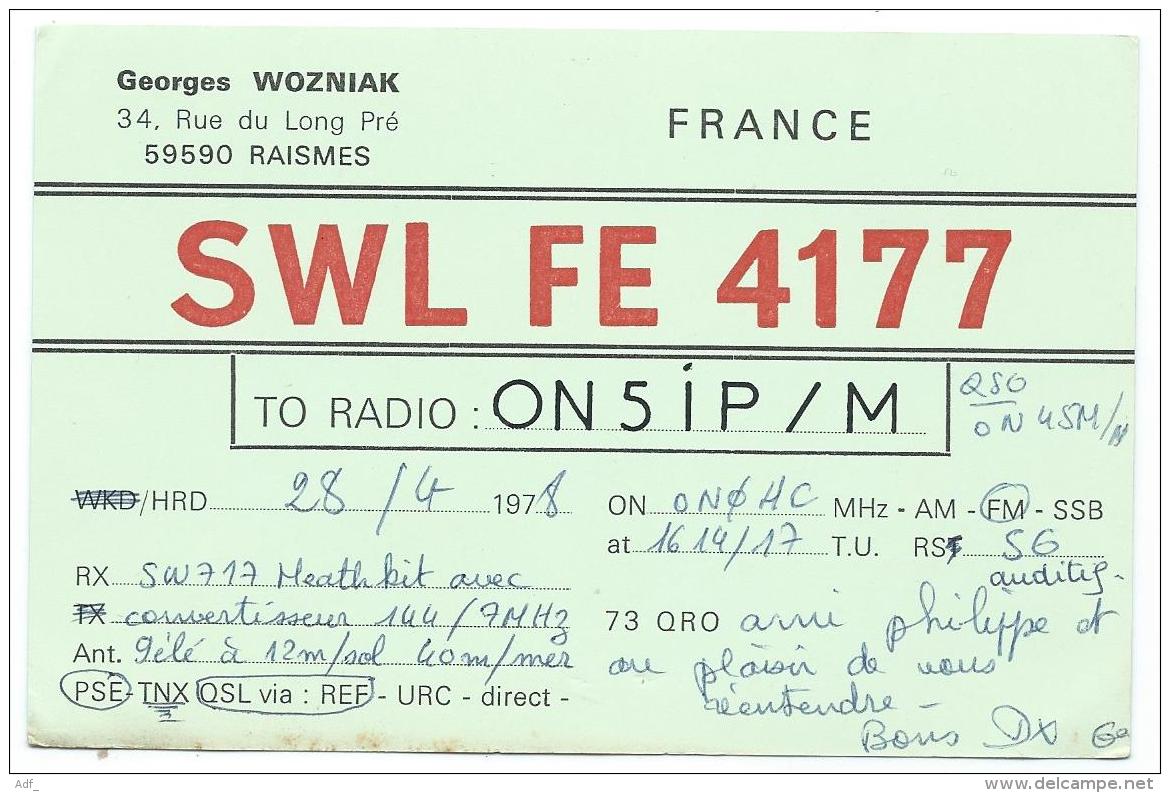 CARTE QSL FRANCE SWL FE 4177, RADIO AMATEUR, RAISMES, NORD 59 - Radio Amateur