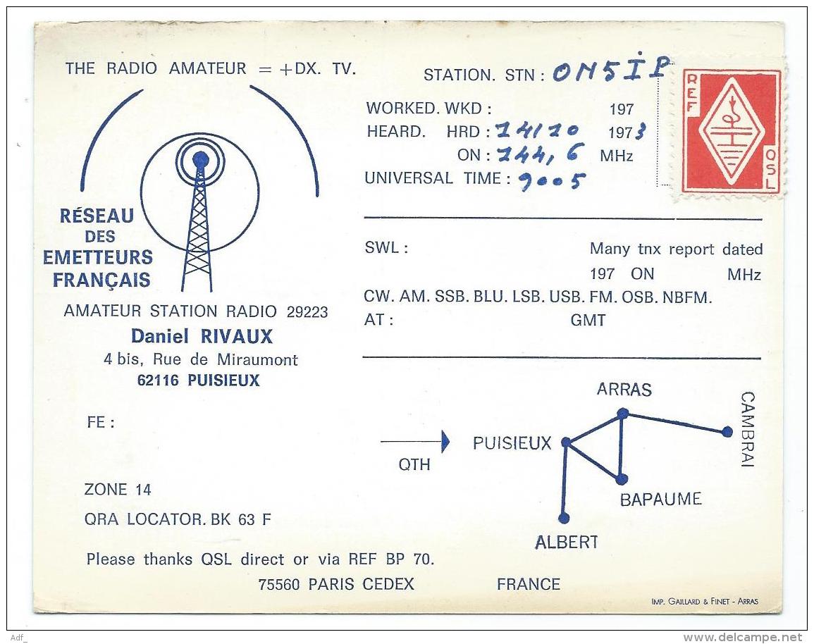 CARTE QSL FRANCE, RADIO AMATEUR, RESEAU DES EMETTEURS FRANCAIS, PUISIEUX, PAS DE CALAIS 62 - Radio Amateur