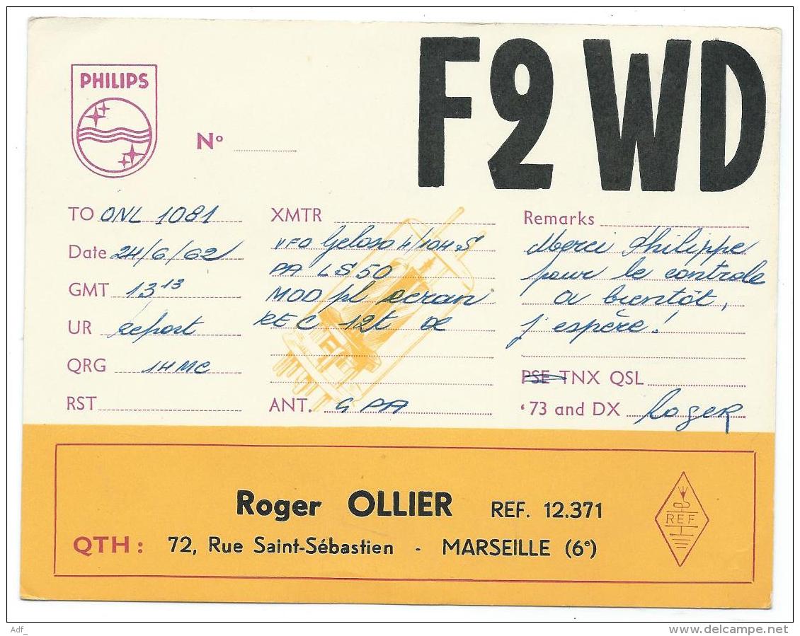 CARTE QSL FRANCE F2WD, RADIO AMATEUR, MARSEILLE ( 6e ), BOUCHES DU RHONE 13 - Radio Amateur