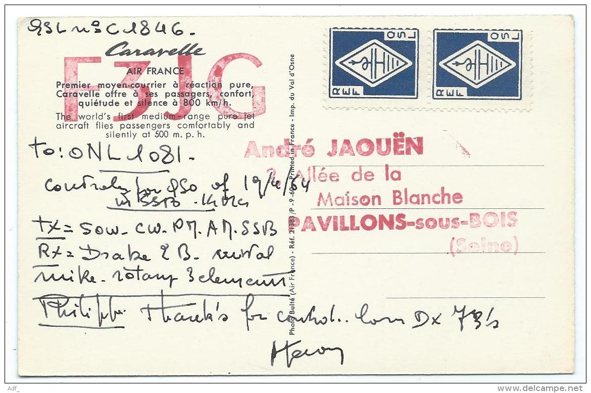 CARTE QSL FRANCE F3JG, RADIO AMATEUR, SUR CP CARAVELLE AIR FRANCE, PAVILLONS SOUS BOIS, SEINE SAINT DENIS 93 - Radio Amateur