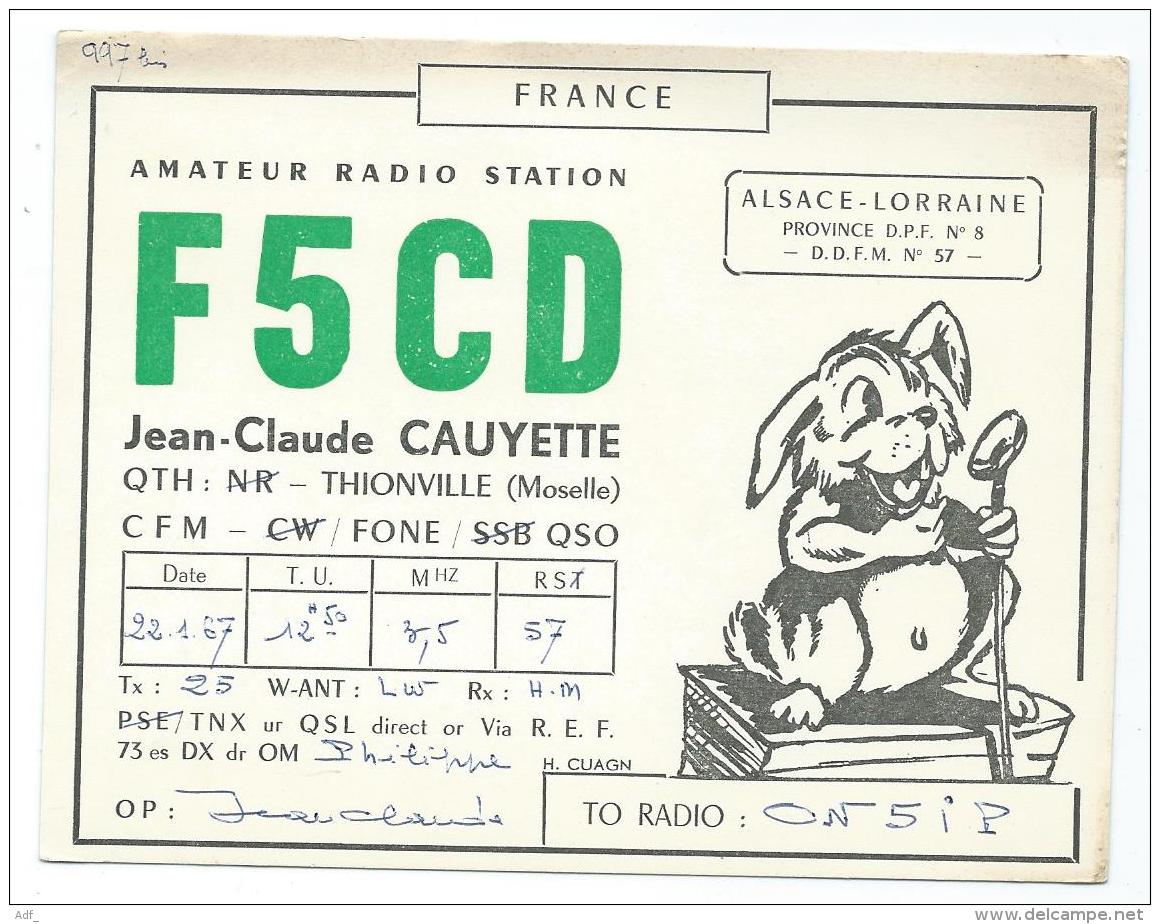 CARTE QSL FRANCE F5CD, RADIO AMATEUR, THIONVILLE, MOSELLE 57 - Radio Amateur