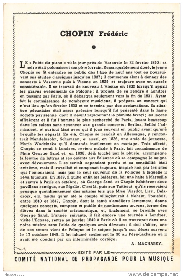 ILLUSTRATION De CHOPIN Et  BEETHOVEN  -LOT DE 2 - COMITE NATIONAL De PROPAGANDE Pour La MUSIQUE - Dos Vierge   - 2 Scans - Musique Et Musiciens