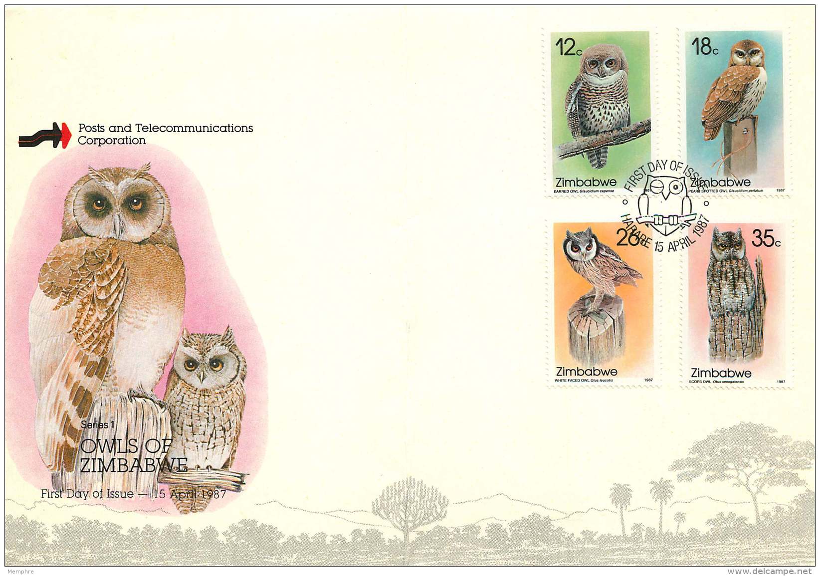 1987  Owls -  Complete Set On Single  Unaddressed  FDC - Zimbabwe (1980-...)