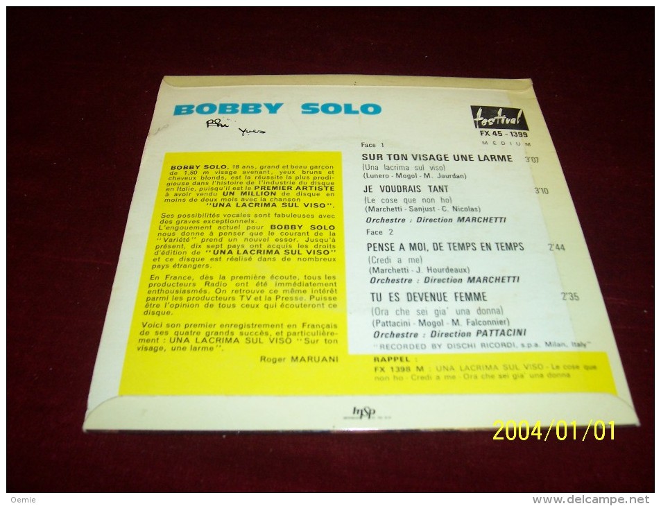 BOBBY  SOLO  °  SUR TON VISAGE UNE LARME - Autres - Musique Italienne