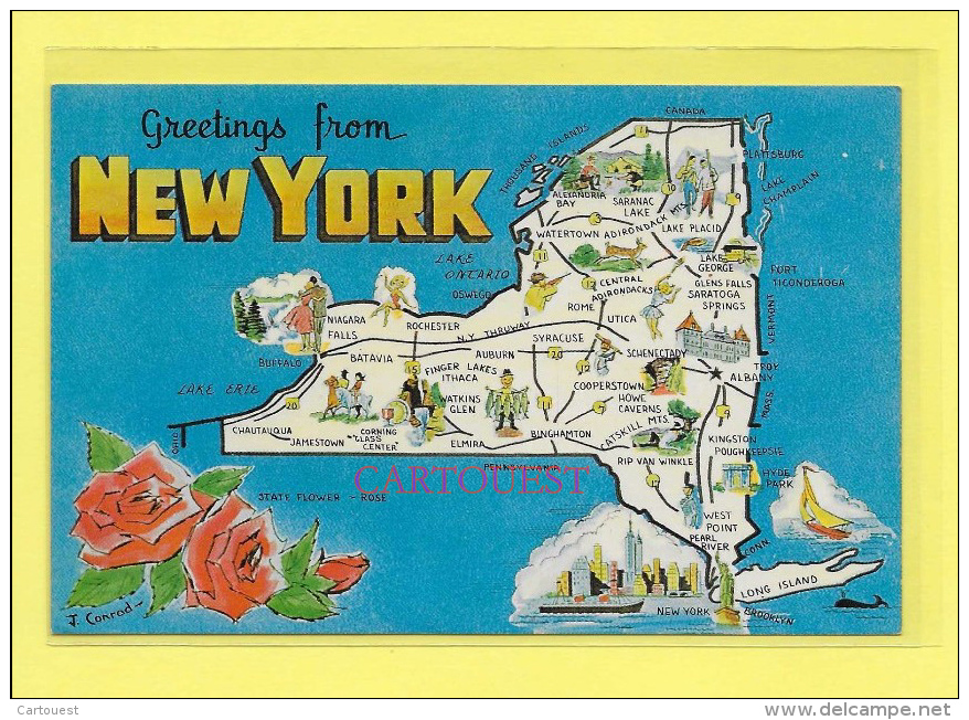 CPA Greetings From NEW YORK - Carte Géographique Rose Illustrateur J Conrad - Autres & Non Classés