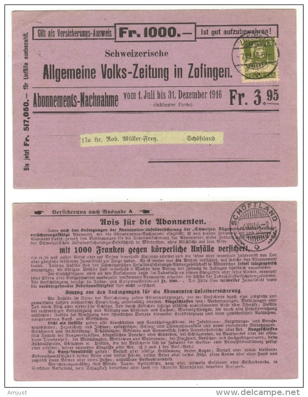 Suisse // Schweiz// Switzerland// Entiers Postaux // Carte  Au Départ De Zofingen - Lettres & Documents