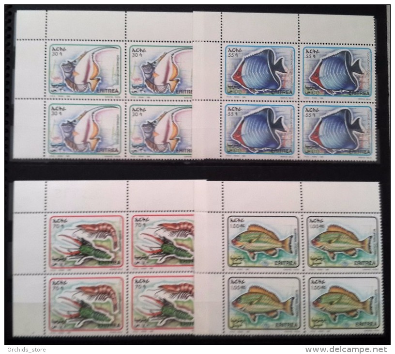 ERITREA Erythrée 1995 MNH ** Fishes - Horned Butterfly Fish - Gonochaetodon - Shrimps - &#8203;Matching Corners Blks/4 - Eritrea