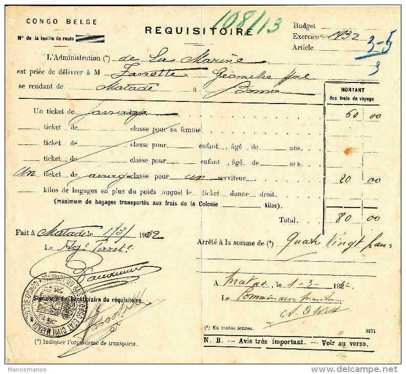 874/24 - CONGO BELGE - Document Réquisitoire De Ticket De Bateau 1932 - TB Cachet MATADI District Du Bas Congo - Autres & Non Classés