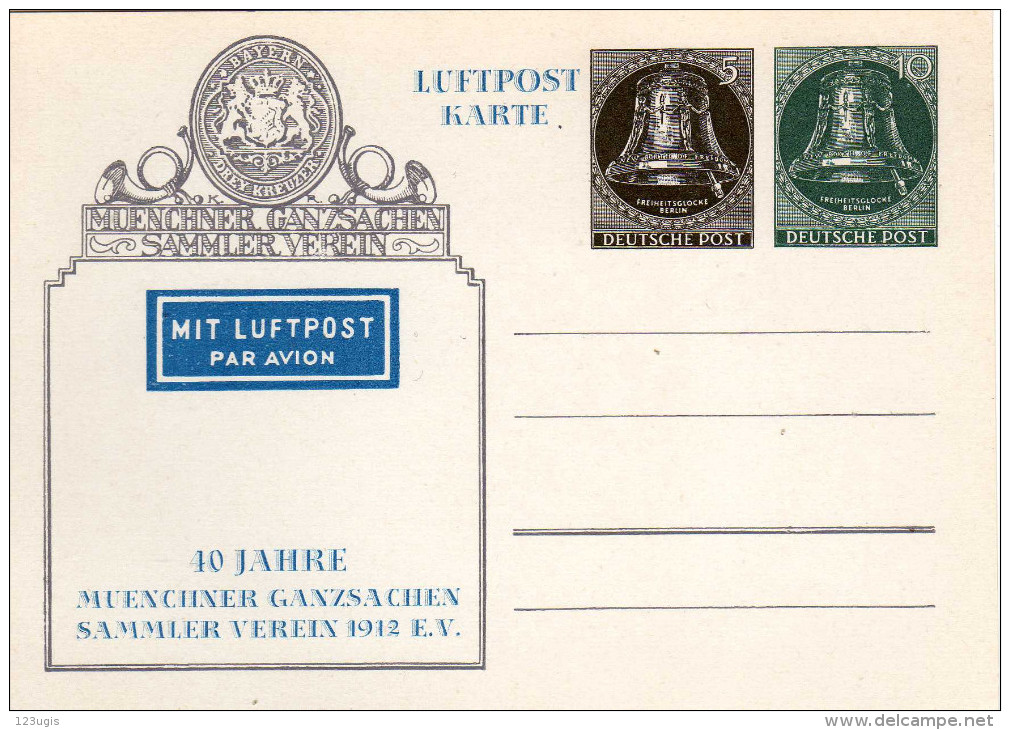 Berlin, 1952, Privatganzsache, PP3 D 1, 40 Jahre Muenchner Ganzsachen Sammler Verein, Flugpost [091016KIV] - Private Postcards - Mint