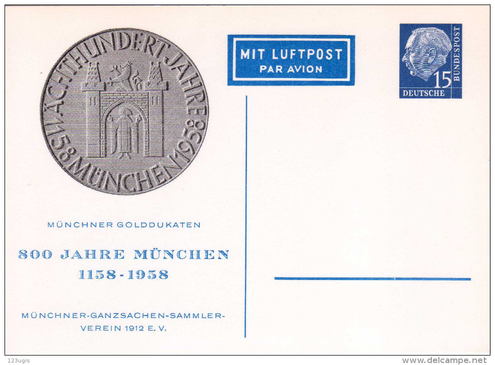 BRD, 1958, Privatganzsache, PP 9 D 1, 800 Jahre München, Flugpost [091016KIV] - Cartes Postales Privées - Neuves