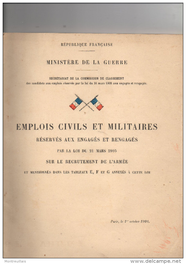 Emplois Civils Et Militaires Réservés Aux Engagés De 1906, Ministère Guerre, Recrutement De L'armée - Frankreich