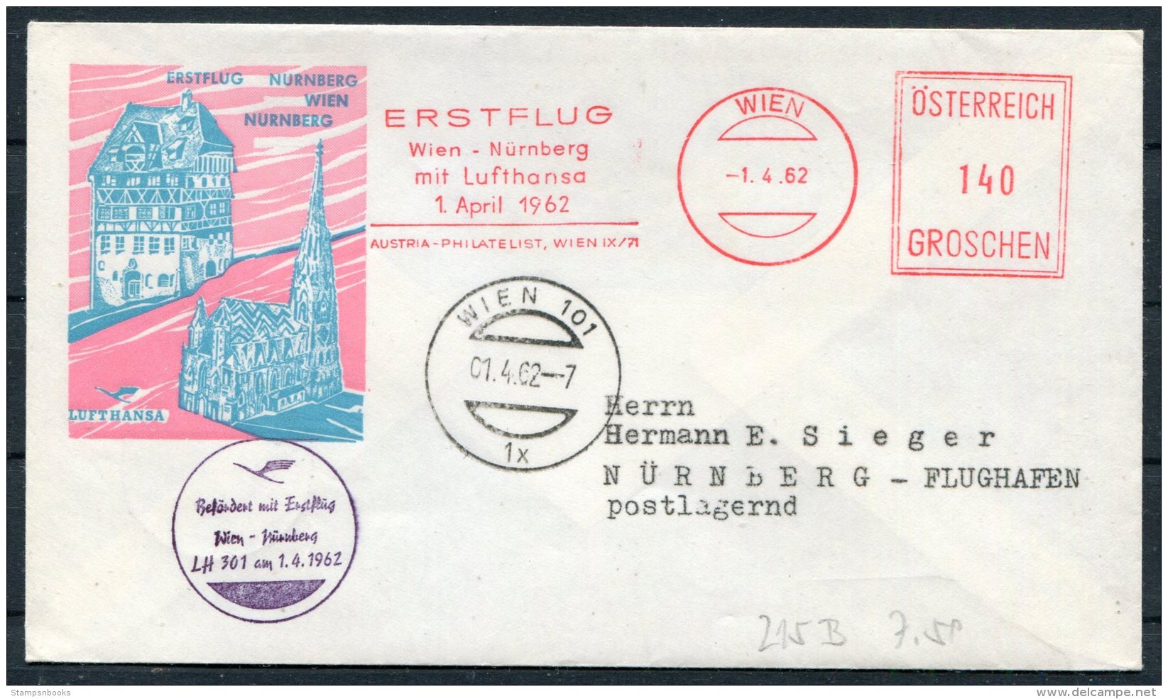 1962 Austria Wien Lufthansa Boeing First Flight Cover, Luftpost - Nurnberg - First Flight Covers