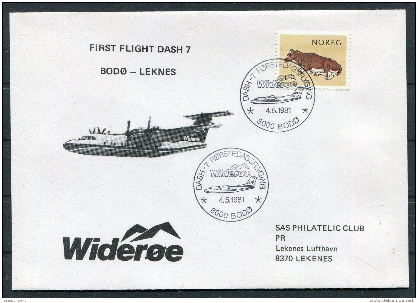 1981 Norway Wideroe First Flight Dash 7 Cover. Bodo - Leknes - Covers & Documents