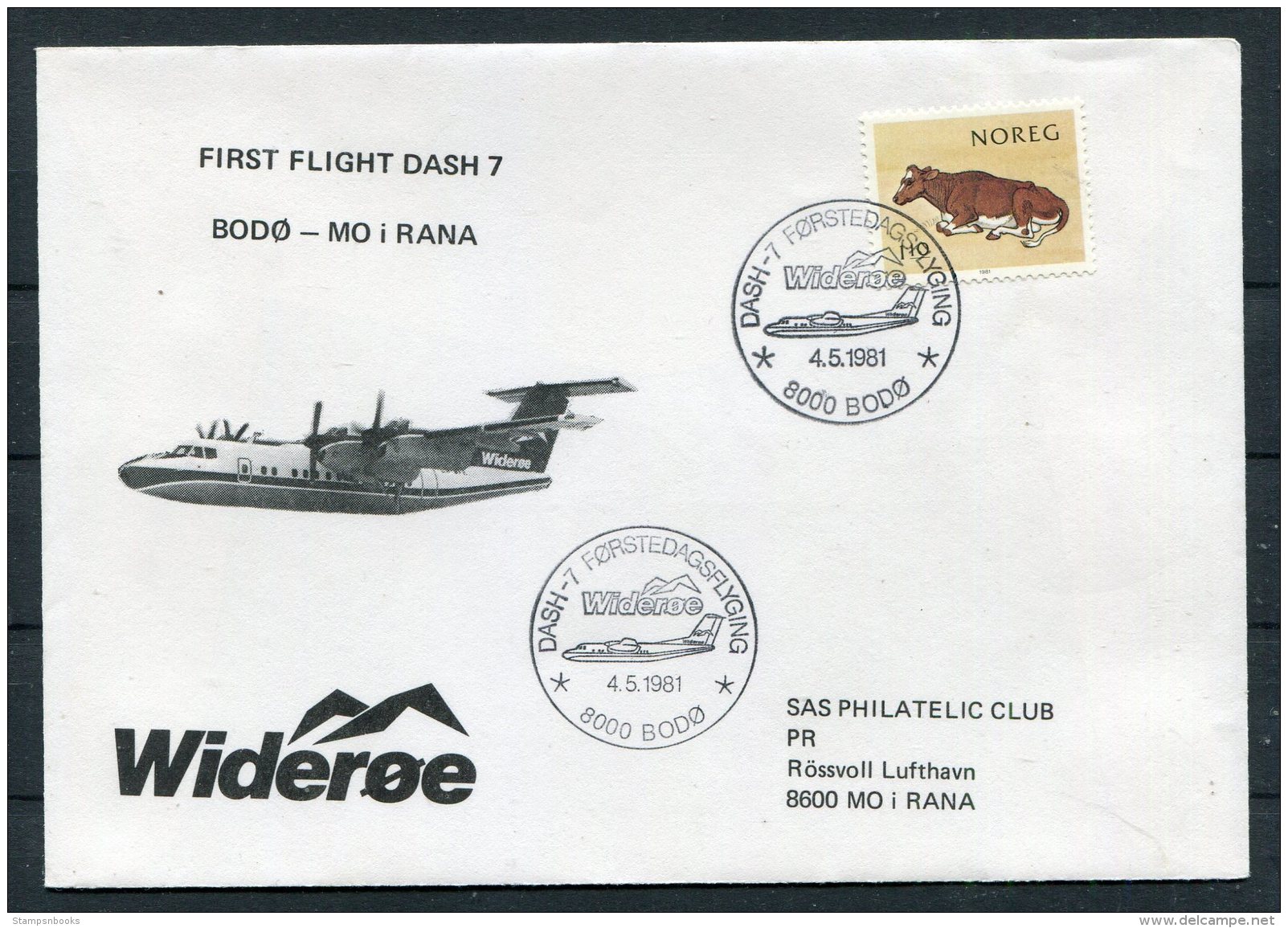 1981 Norway Wideroe First Flight Dash 7 Cover. Bodo - Mo I Rana - Covers & Documents