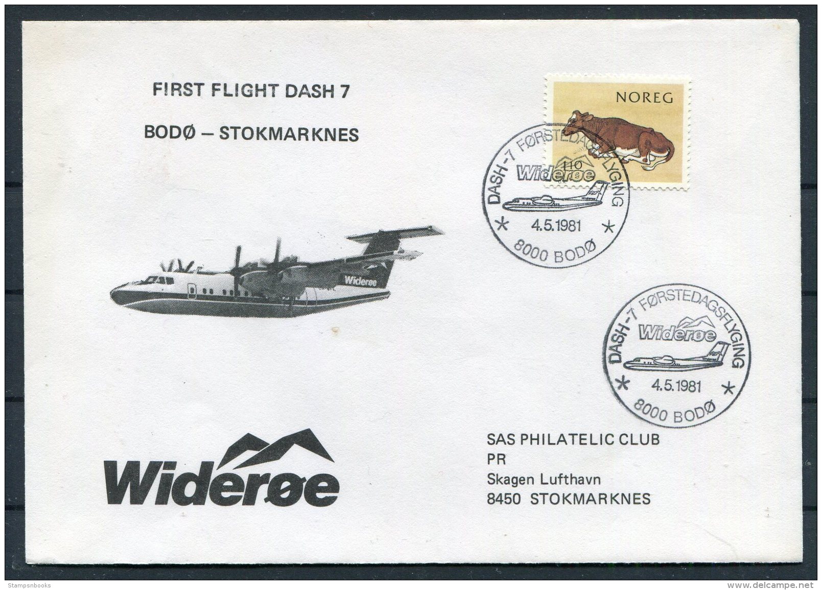 1981 Norway Wideroe First Flight Dash 7 Cover. Bodo - Stokmarknes - Lettres & Documents