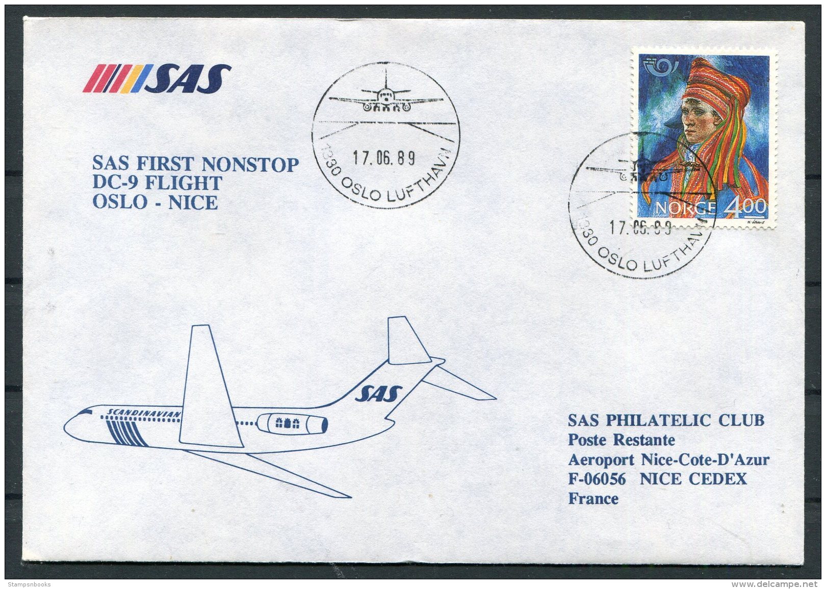 1989 Norway SAS First Flight Cover. Oslo - Nice, France - Lettres & Documents