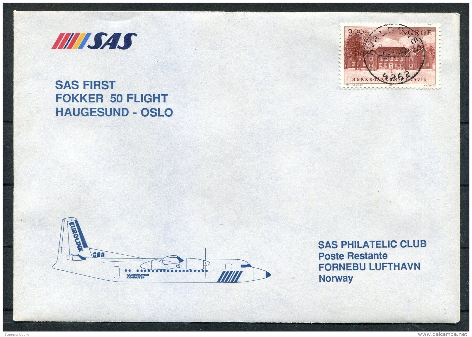 1990 Norway SAS First Flight Cover. Haugesund - Oslo - Storia Postale