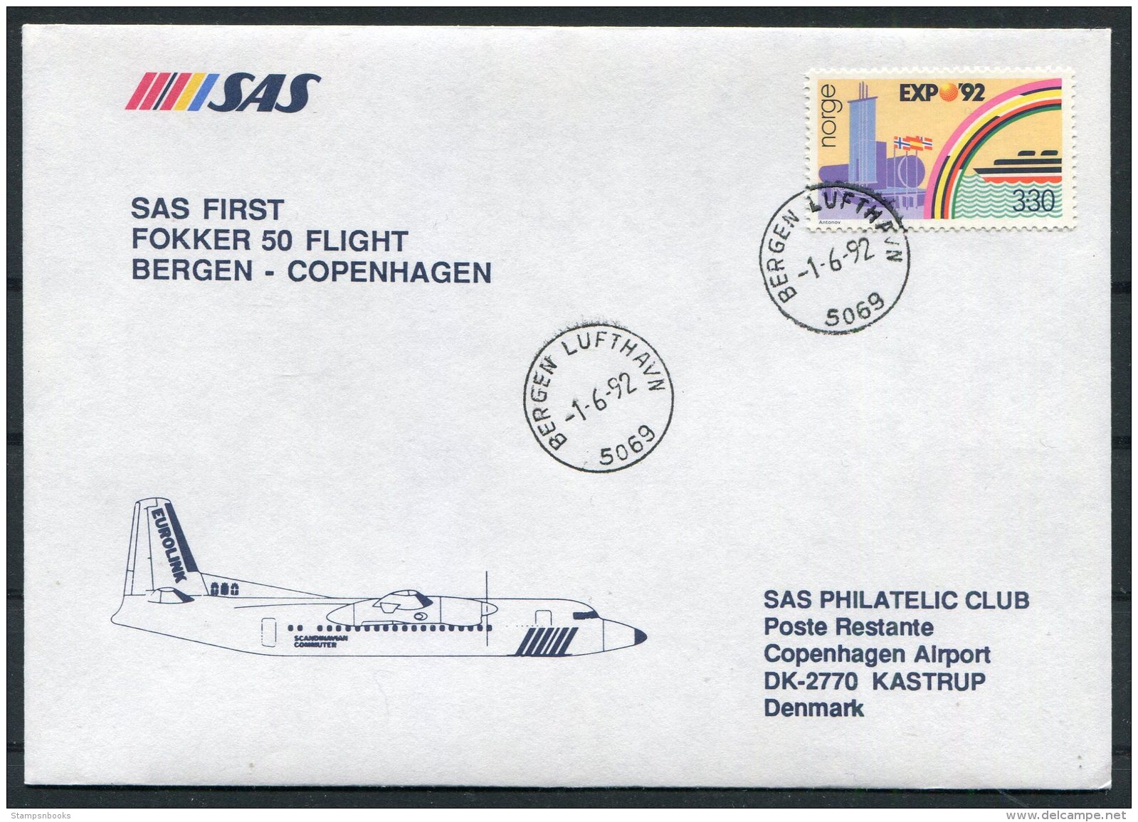 1992 Norway SAS First Flight Cover. Bergen - Copenhagen - Covers & Documents