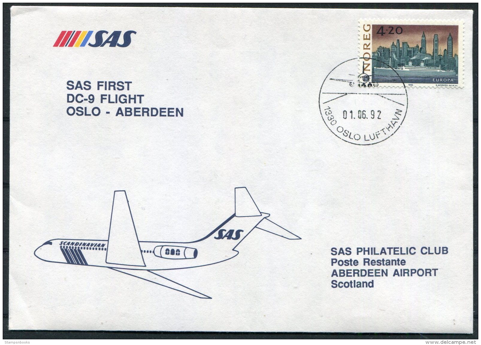 1992 Norway SAS First Flight Cover. Oslo - Aberdeen, Scotland - Storia Postale