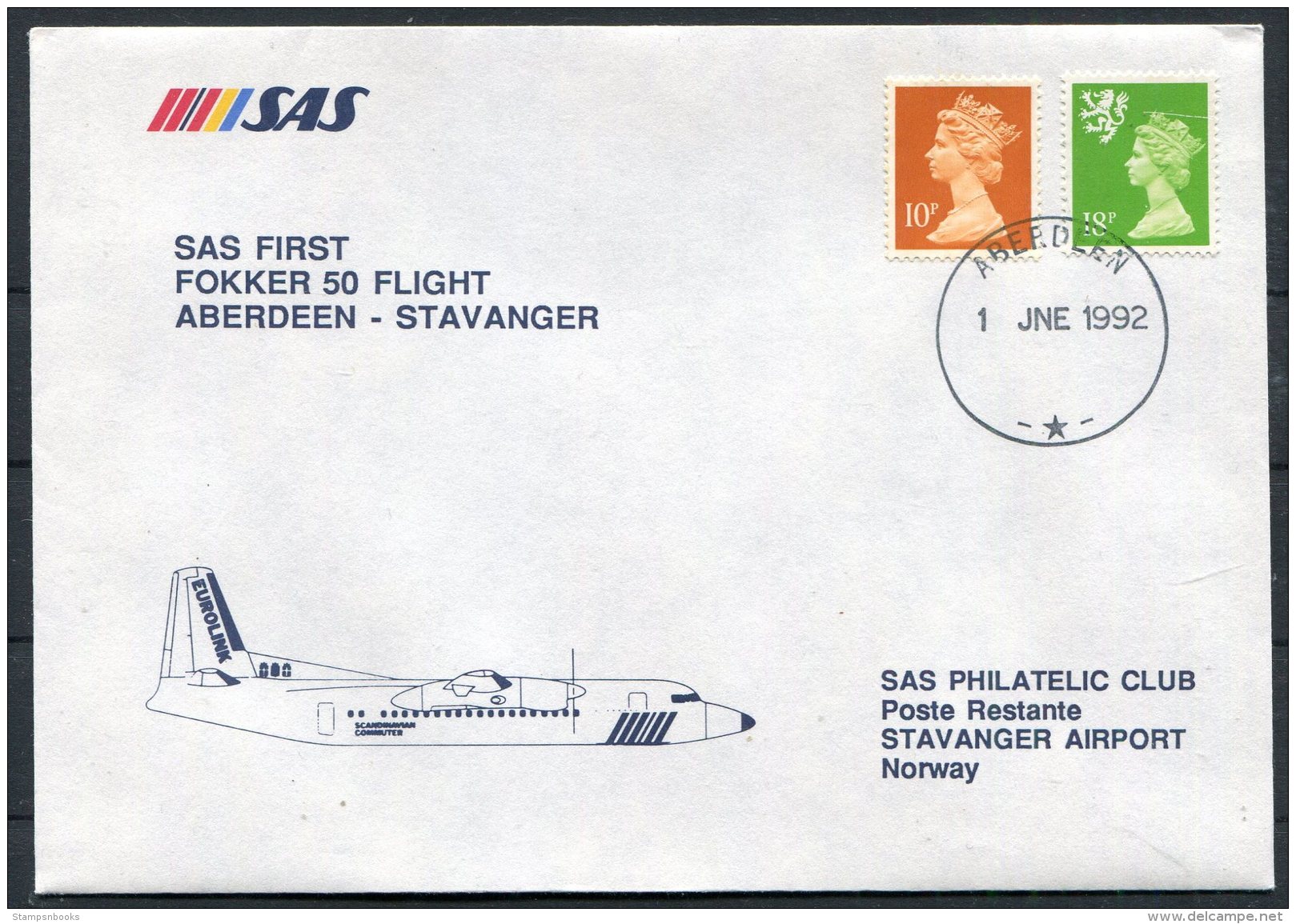 1992 GB Norway SAS First Flight Cover. Aberdeen - Stavanger - Covers & Documents