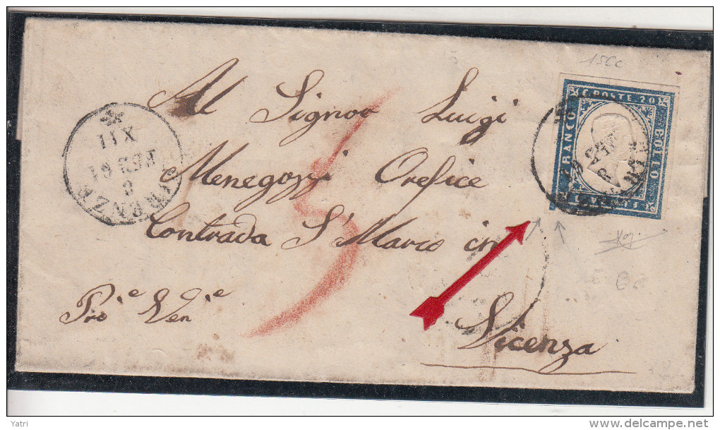 Regno Di Sardegna (1861) - 20 Cent 15Cc Su Piego Da Firenze Per Vicenza - Firmato Raybaudi - Sardegna