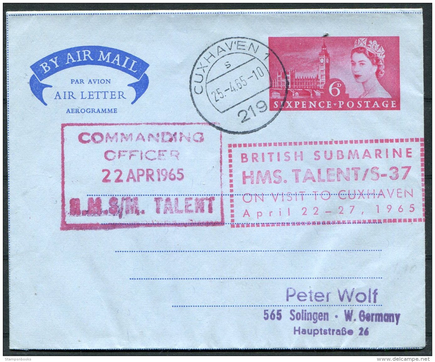1965 GB Parliament Airletter, Cuxhaven Germany, H.M.S. TALENT British Royal Navy Submarine - Covers & Documents