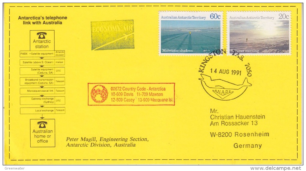 AAT 1991 Postcard Antarctica's Telephone Link With Austria Ca Kingston 14 Aug 1991 (32713) - Lettres & Documents