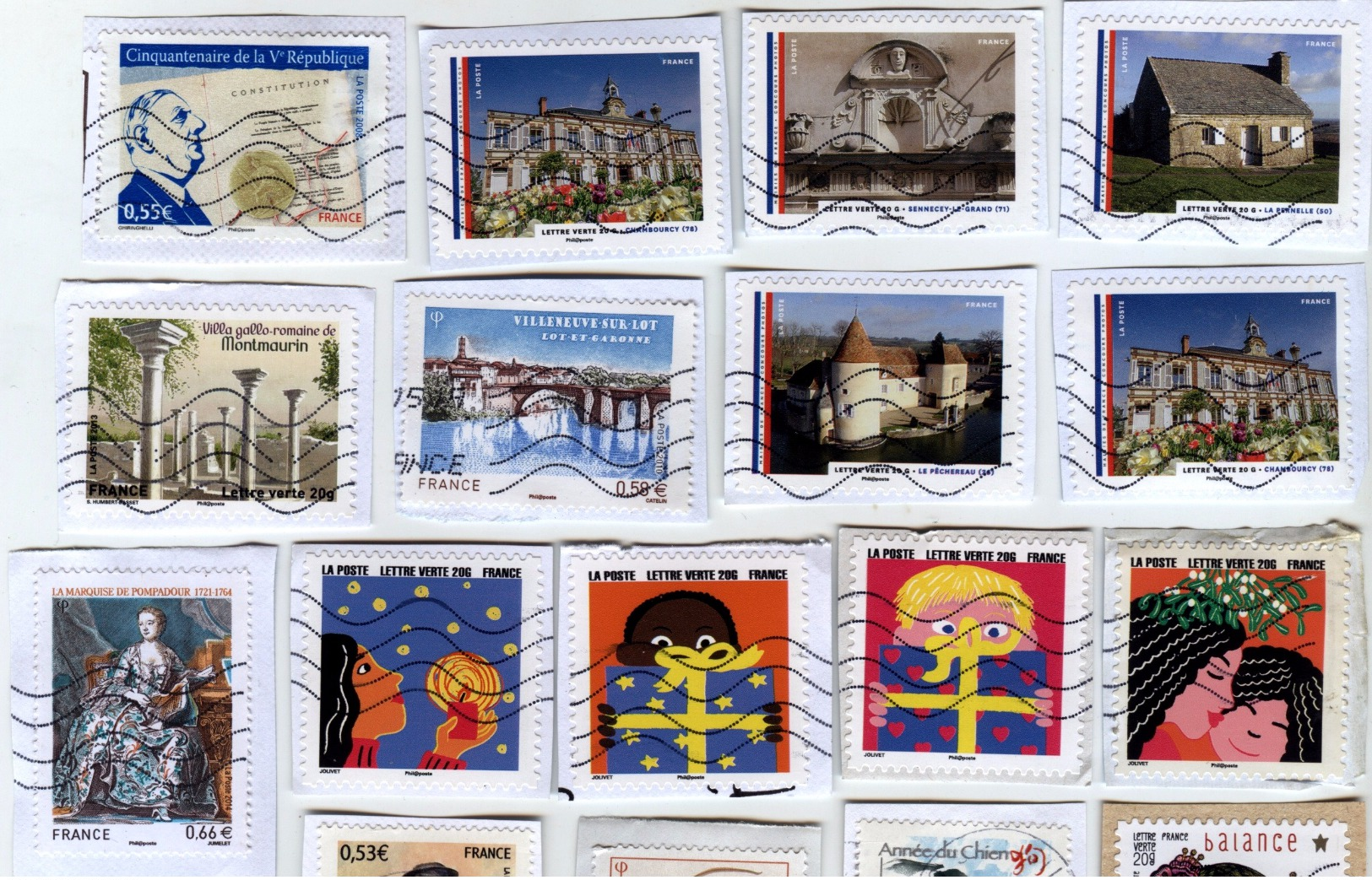 Lot de 131 Timbres FRANCE Oblitérés Collés - Série et Thèmes Variés BD Sport Monument Ville Personnalités Art Animaux ..