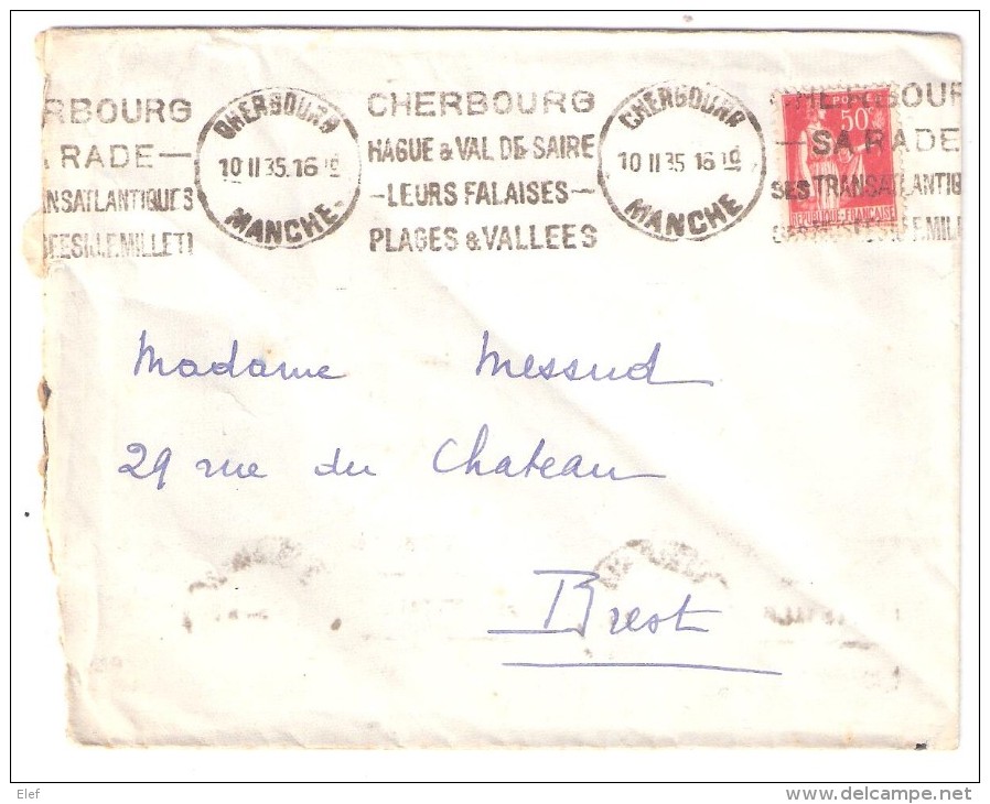 Lettre De CHERBOURG , Manche  Flamme " Hague Val De Saire Sa Rade Ses Transatlantiques.." Sur 50 C PAIX ,1935 > Brest TB - Oblitérations Mécaniques (flammes)