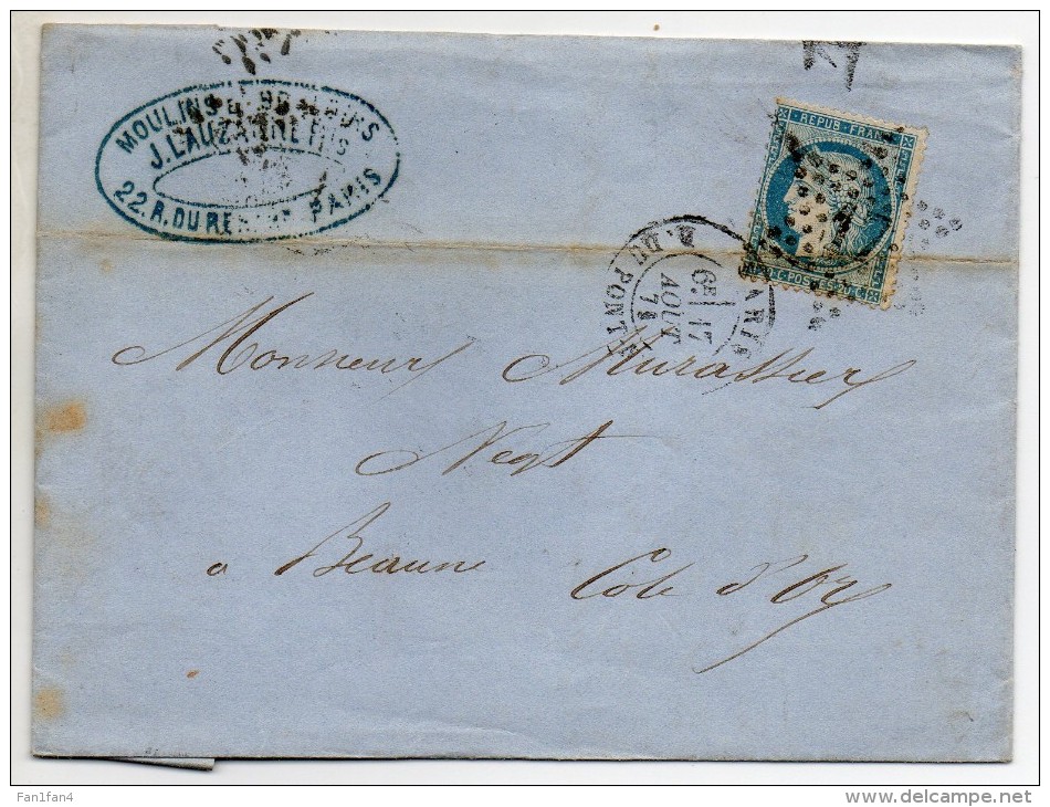 FRANCE - 1871 - Emission Cérès Du Siège De Paris - N° 37 - 20 C. Bleu Sur Lettre (Etoile N° 17) - 1849-1876: Période Classique