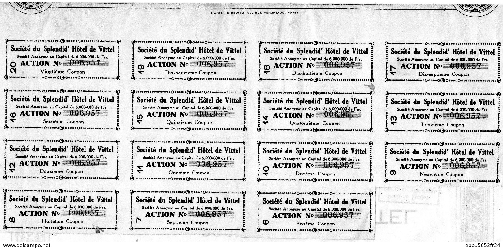 Action De 500 Francs Société Du SPLENDID' HOTEL De VITTEL  1928   - 15 Coupons (Anciennement Hotel De La Renaissance - Turismo