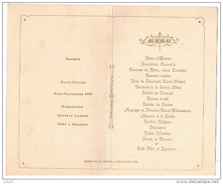 MENU 25 Octobre 1904 - GRAND HOTEL GRASSE - Menus