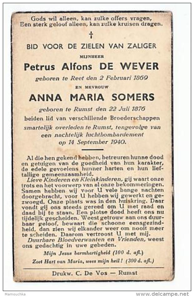 Petrus Alfons De Wever Reet 1869 En Anna Maria SOMERS Rumst 1876 Beiden Overleden Rumst Luchtbombardement 1940 Oorlog - Images Religieuses