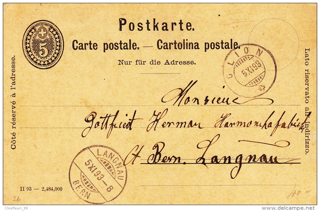 Entier Postal Grand Hotel De Caux Sur Montreux - Glion - Langnau 5.XI.1893 - Rare. - Stamped Stationery
