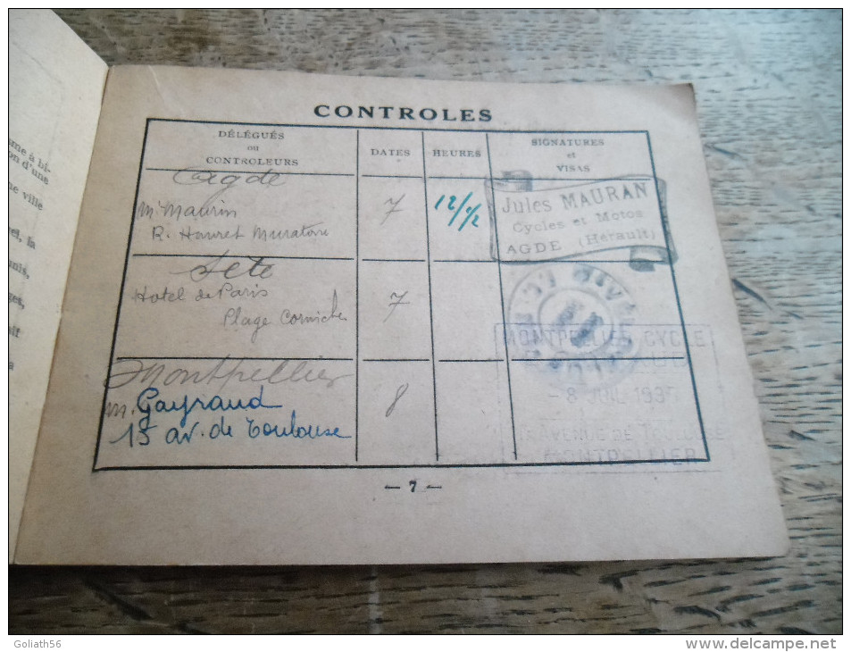 Carnet De Route Ancien Touring- Club De France De 1935, Comité De Tourisme Cycliste, Circuit De France - Cyclisme