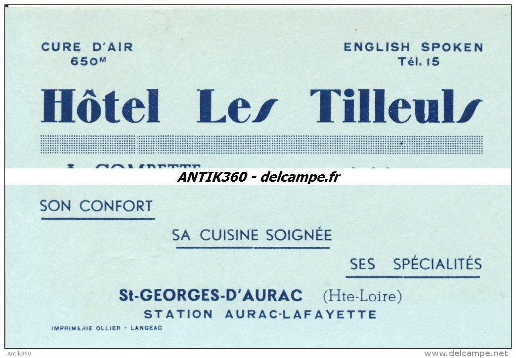 Rare Carte De Visite Hôtel Les Tilleuls Saint Georges D'Aurac (Haute-Loire) - Visitekaartjes